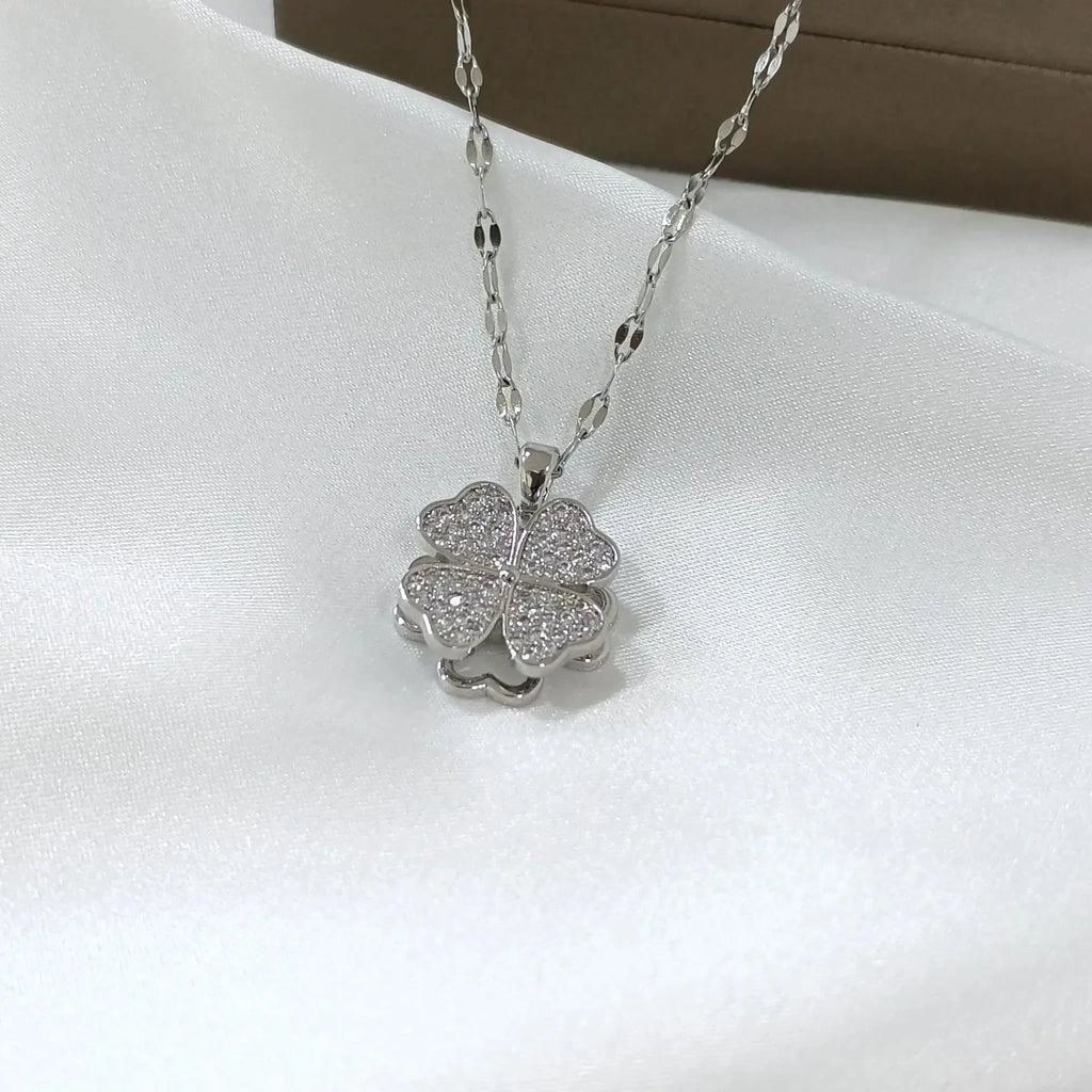 Rotating Zircon Flower Pendant Necklace Anti-Stress Silver