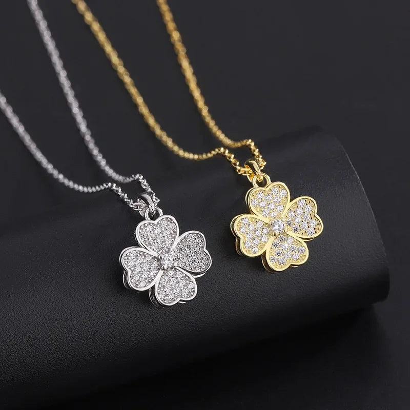 Rotating Zircon Flower Pendant Necklace Anti-Stress Silver
