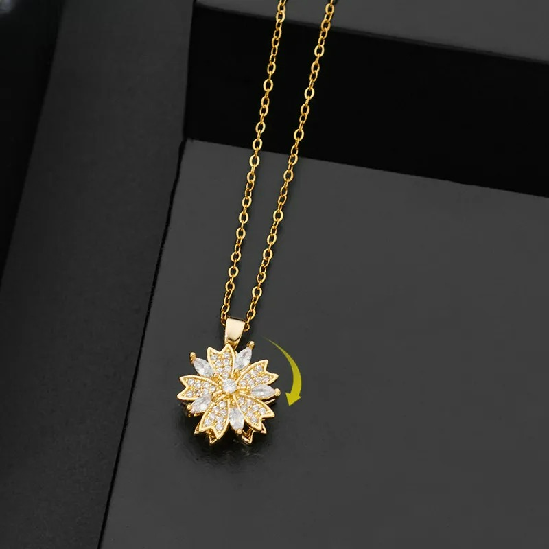 Rotating Zircon Flower Pendant Necklace Anti-Stress Gold