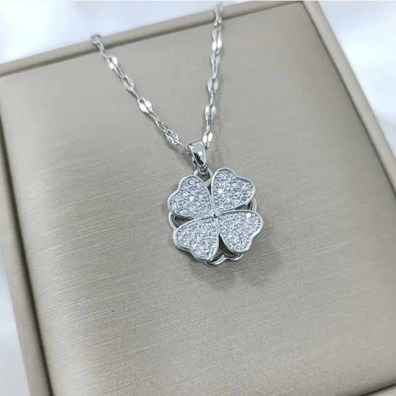 Rotating Zircon Flower Pendant Necklace Anti-Stress Silver