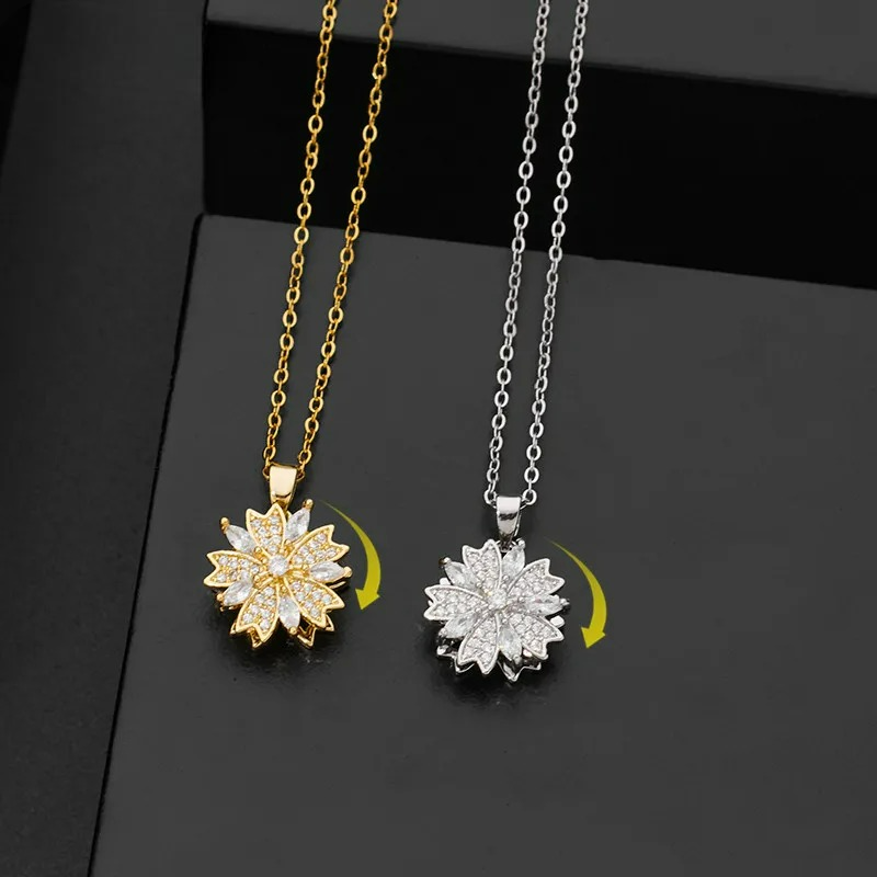 Rotating Zircon Flower Pendant Necklace Anti-Stress Gold