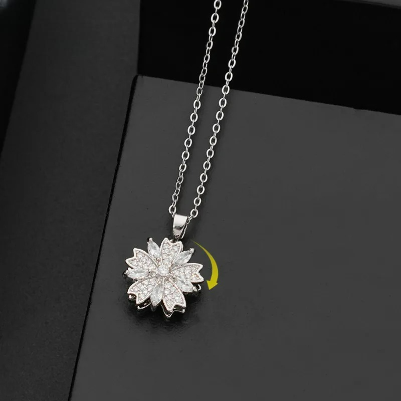 Rotating Zircon Flower Pendant Necklace Anti-Stress Silver