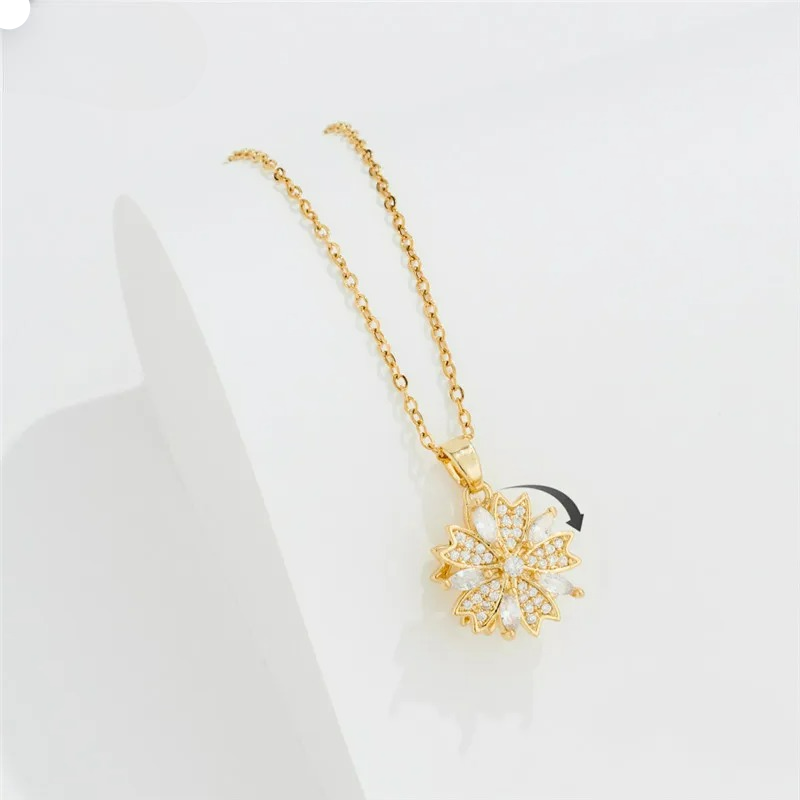 Rotating Zircon Flower Pendant Necklace Anti-Stress Gold