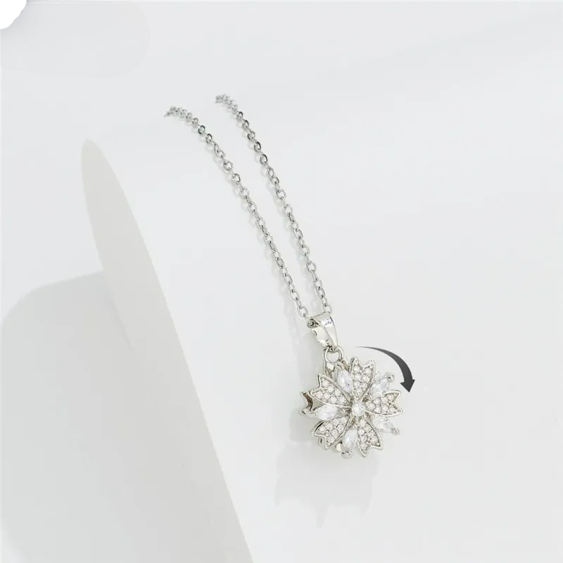 Rotating Zircon Flower Pendant Necklace Anti-Stress Silver