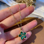 Green Flower Pendant Necklace with 5 Petals