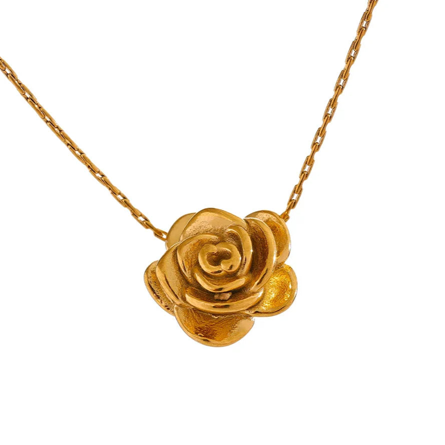 Gold Large Rose Flower Pendant Necklace