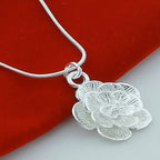 Silvered Elegant Large Flower Pendant Necklace
