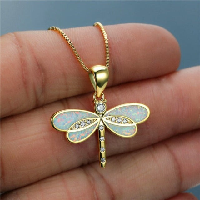 White Women's Dragonfly Pendant Necklace