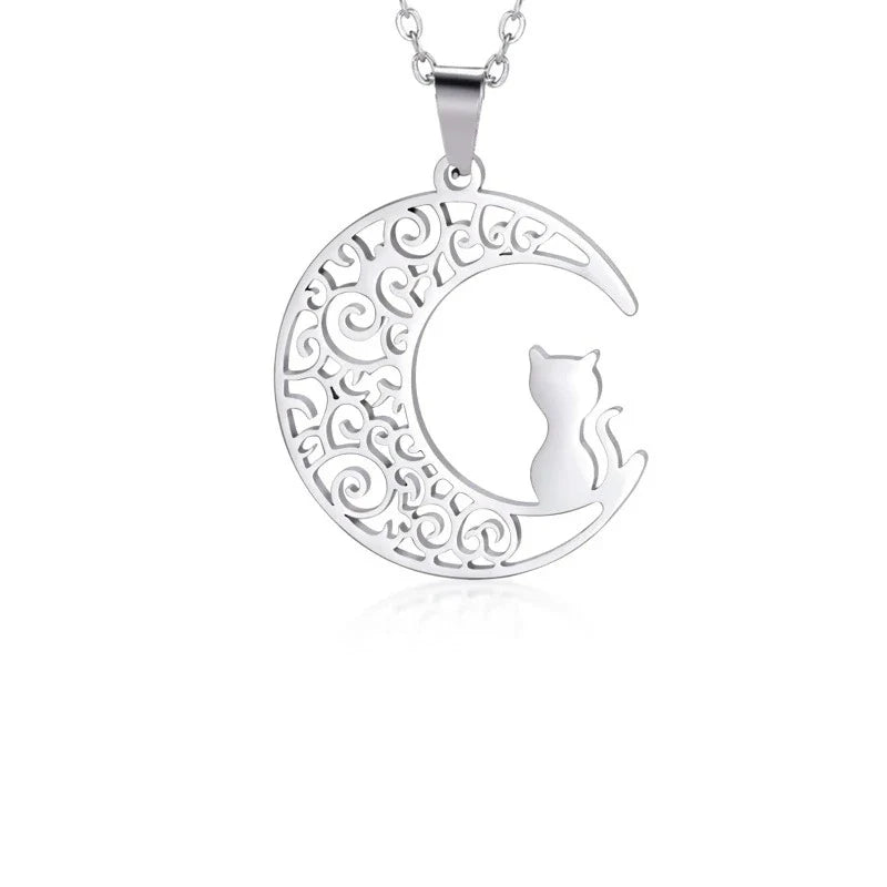 Silver Cat Moon Pendant Necklace