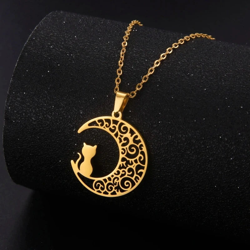 Gold Cat Moon Pendant Necklace