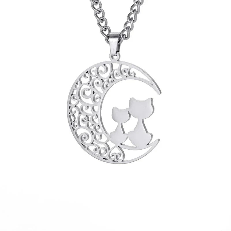 Silver Cat Moon Pendant Necklace