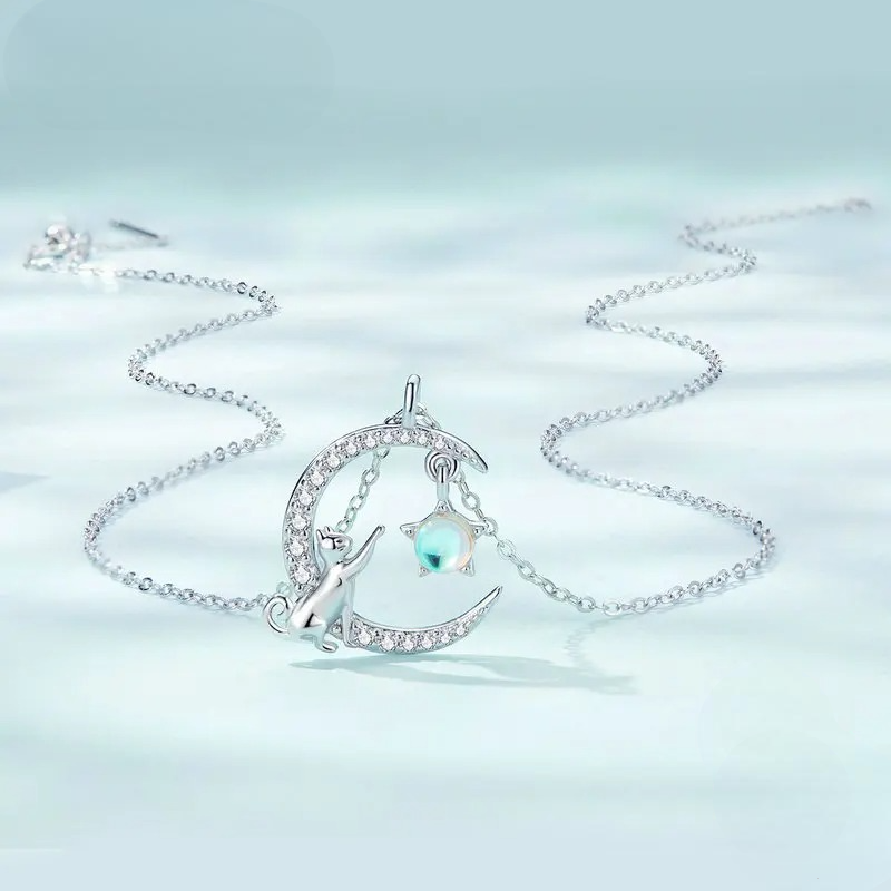 Moon Pendant Necklace in Zircon and Cat