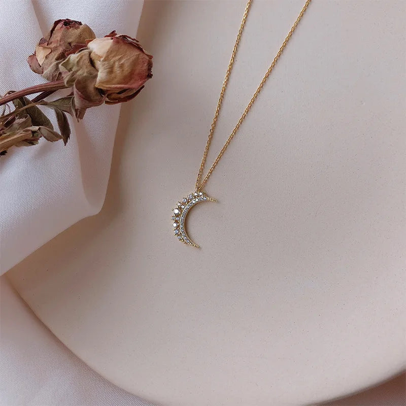 Moon Pendant Necklace in Zircon for Women gold