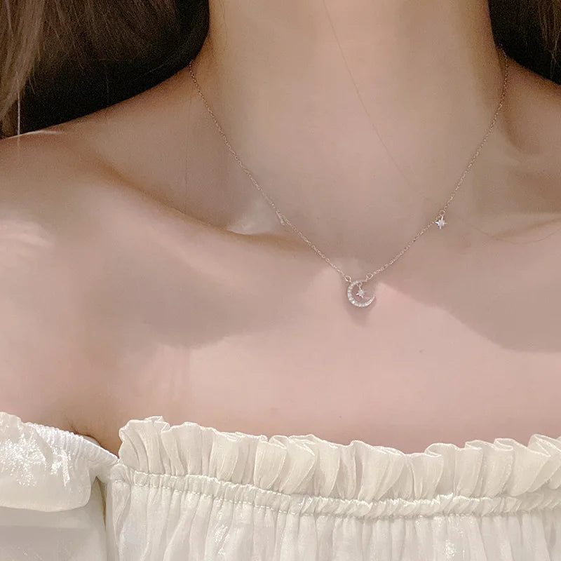 Moon and Star Pendant Necklace with Zircon for Women