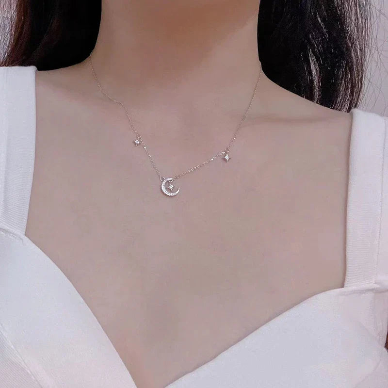 Moon and Star Pendant Necklace with Zircon for Women