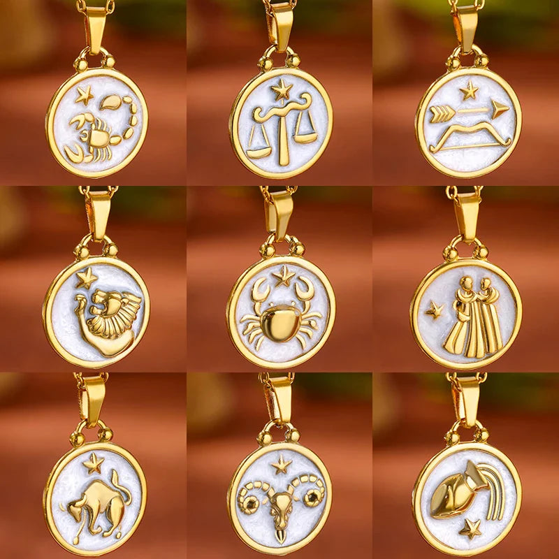 Gold and White Zodiac Sign Pendant Necklace 12 Constellations