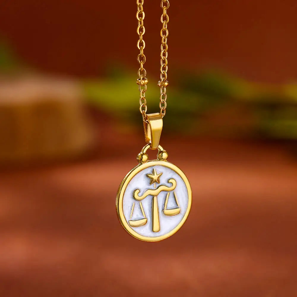 Gold and White Zodiac Sign Pendant Necklace 12 Constellations Libra