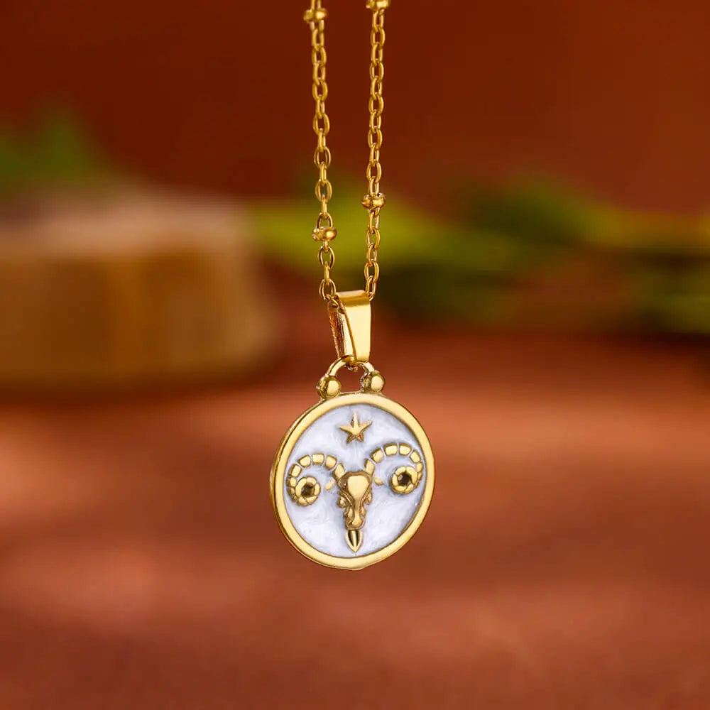 Gold and White Zodiac Sign Pendant Necklace 12 Constellations Aries