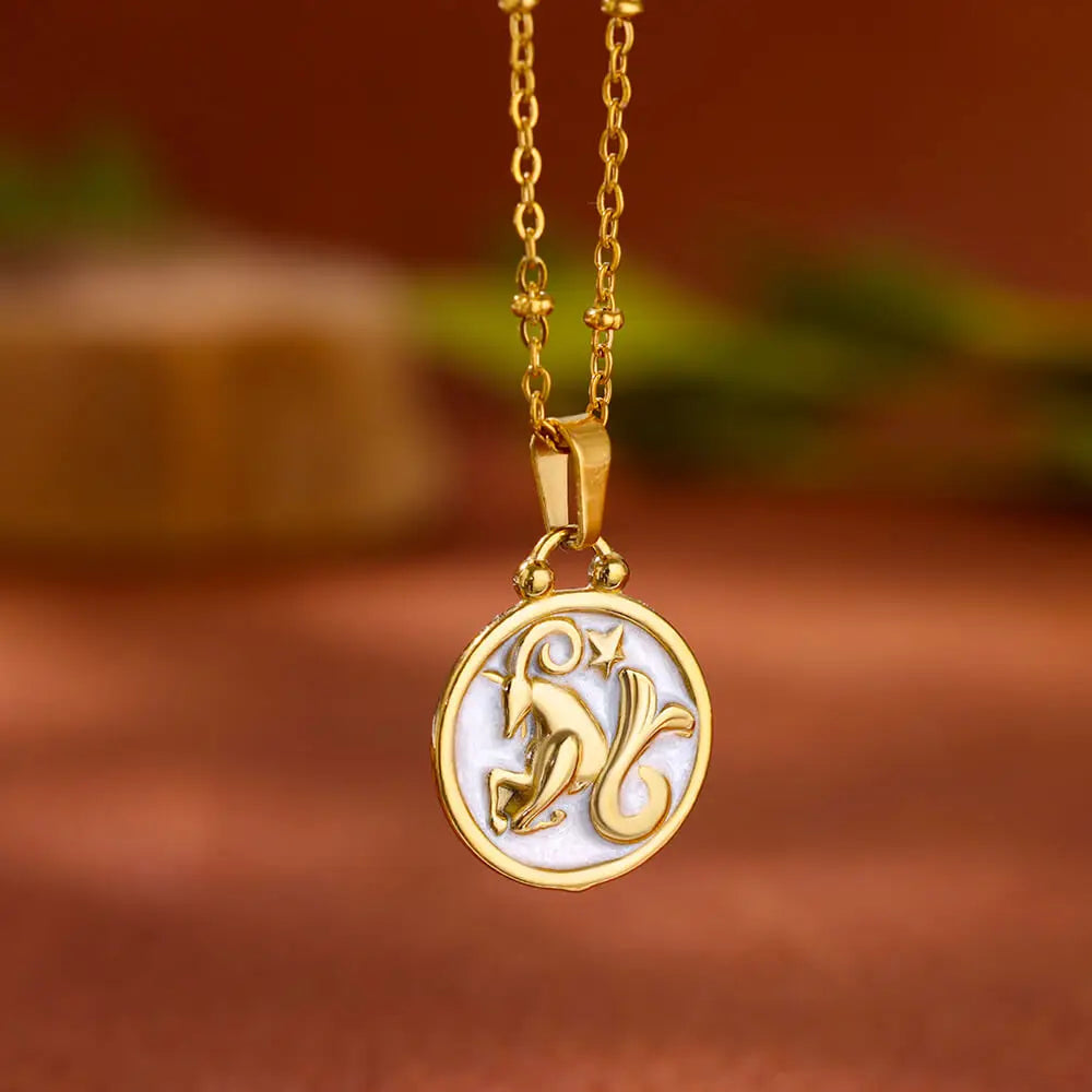 Gold and White Zodiac Sign Pendant Necklace 12 Constellations Capricorn