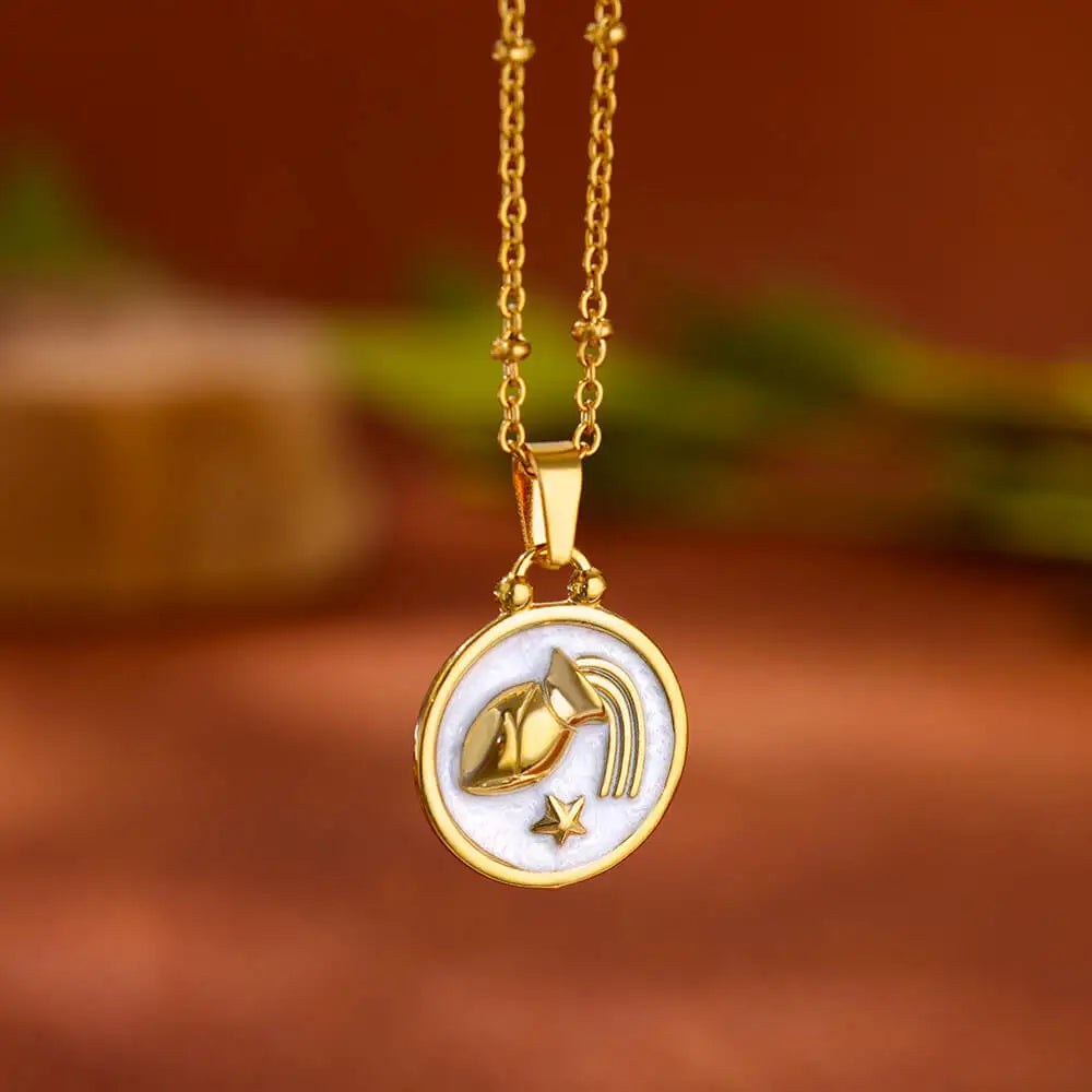 Gold and White Zodiac Sign Pendant Necklace 12 Constellations Pisces