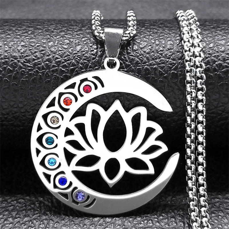 7 Chakras Stone Pendant Necklace Lotus Flower silver
