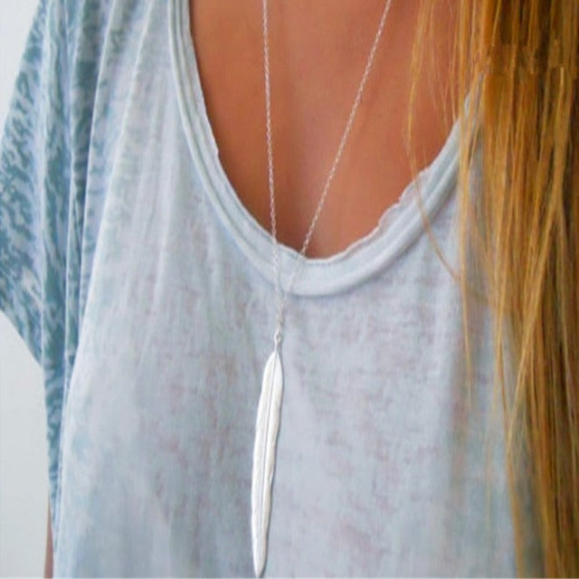 Silver Feather Pendant Necklace for Women