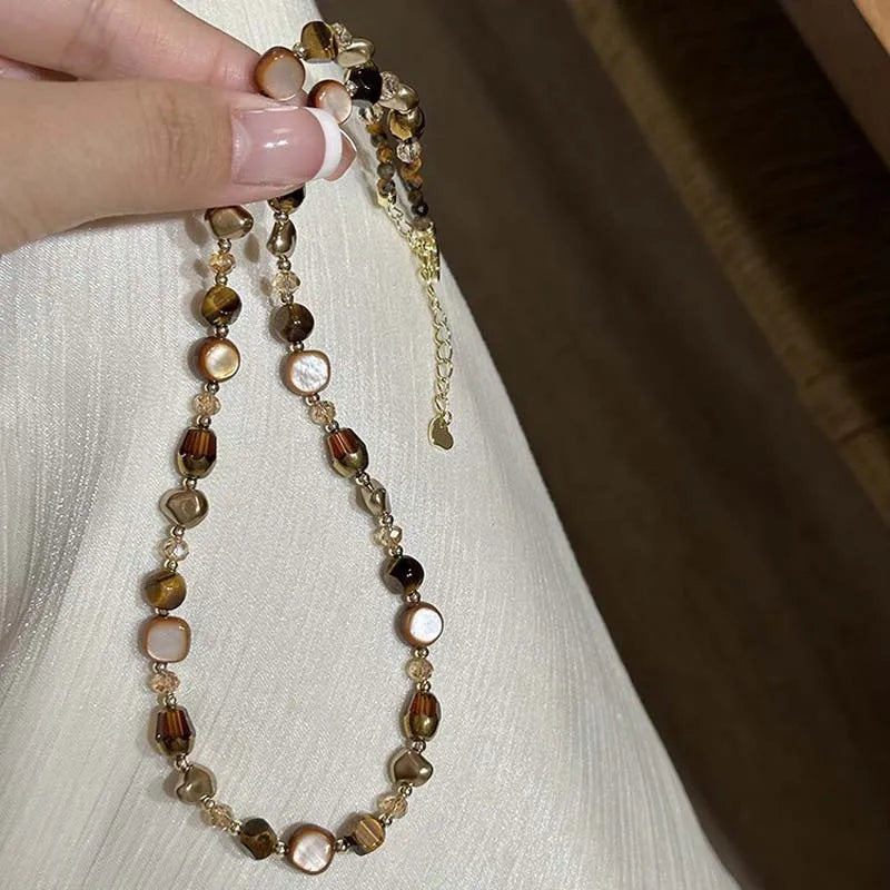 Tiger Eye Beaded Choker Pendant Necklace A