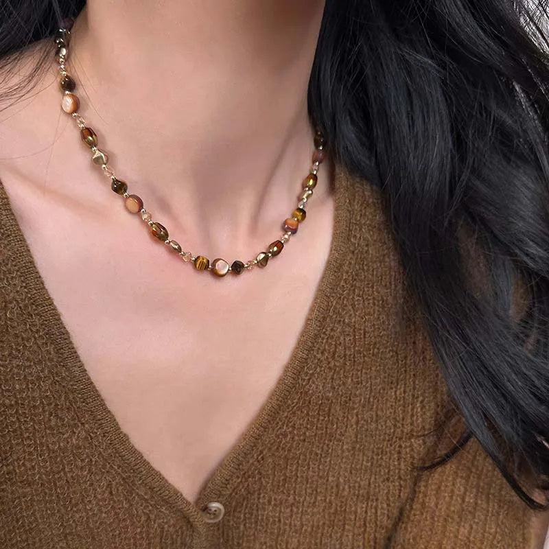 Tiger Eye Beaded Choker Pendant Necklace A