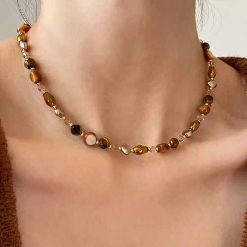 Tiger Eye Beaded Choker Pendant Necklace A