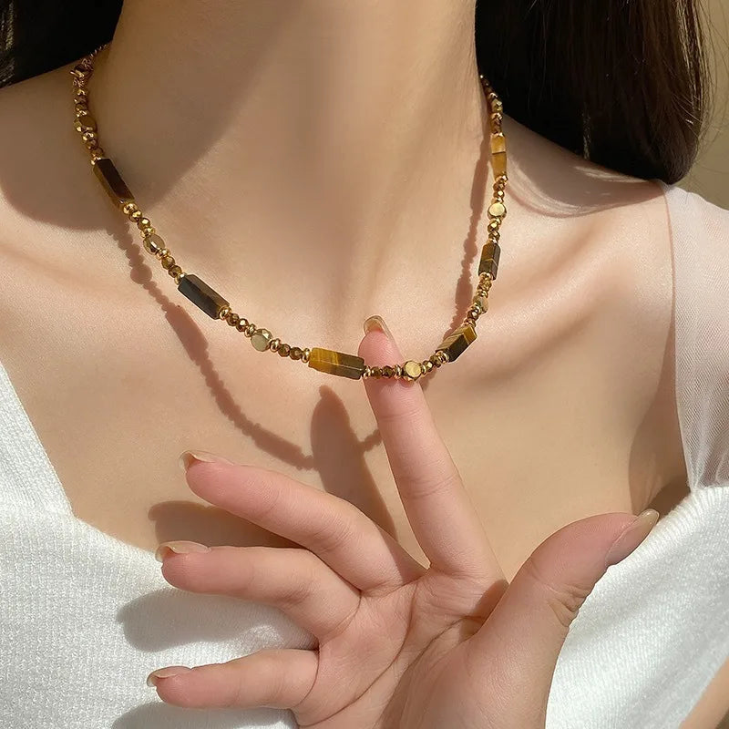 Tiger Eye Beaded Choker Pendant Necklace B