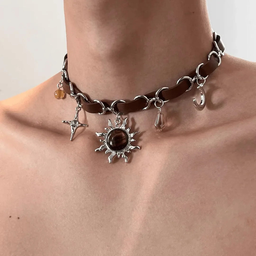 Sun Pendant Necklace with Punk Style Crystal