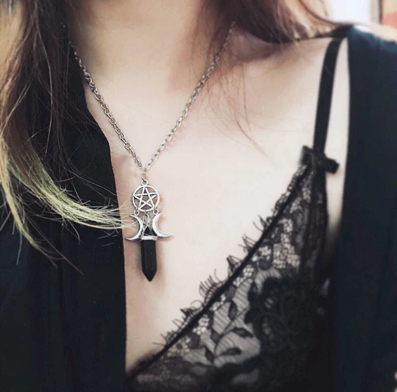 Triple Moon Pendant Necklace Wiccan Witchcraft Woman Black Pentacle