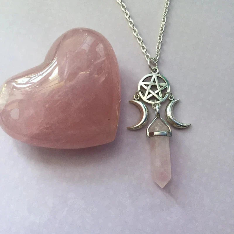 Triple Moon Pendant Necklace Wiccan Witchcraft Woman White Pentacle