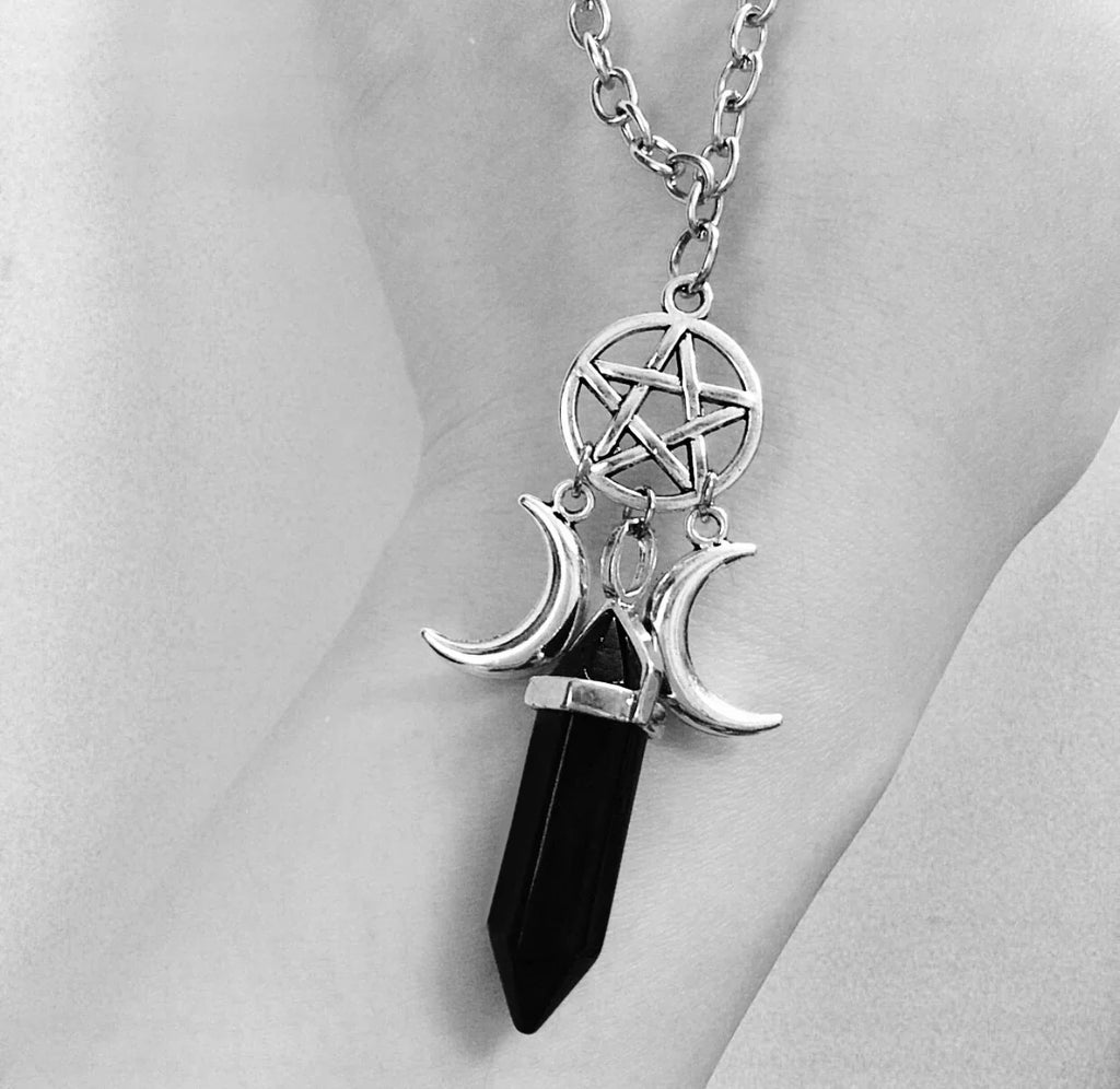 Triple Moon Pendant Necklace Wiccan Witchcraft Woman Black Pentacle