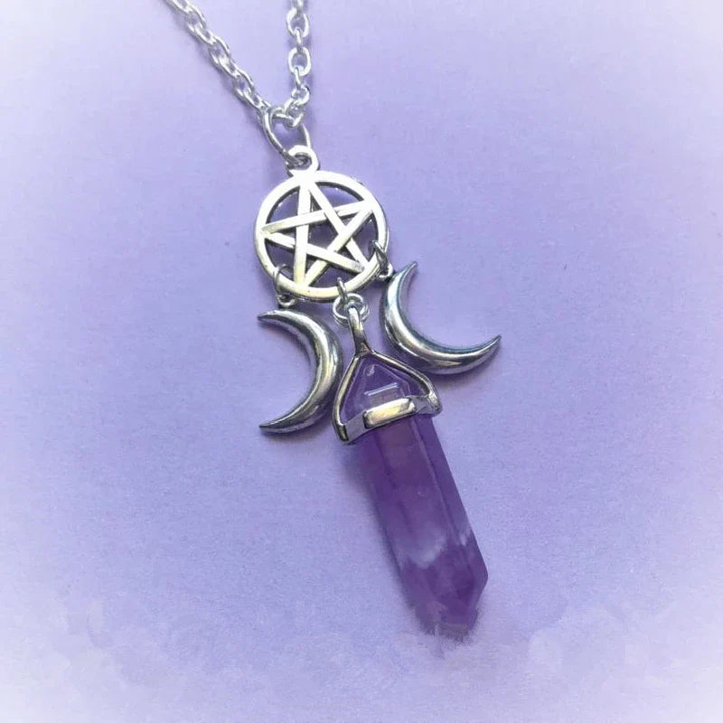 Triple Moon Pendant Necklace Wiccan Witchcraft Woman Purple Pentacle