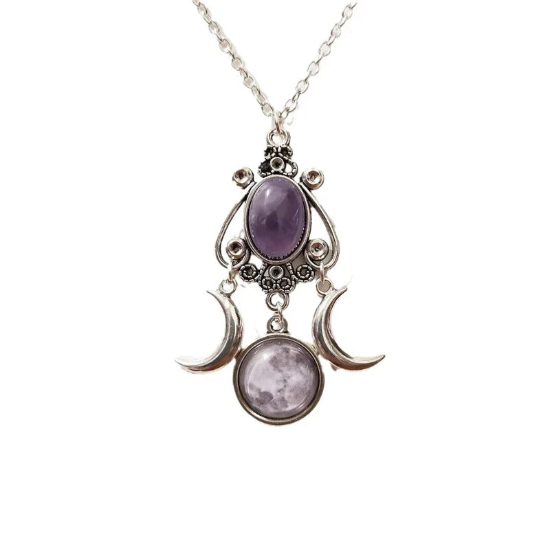 Triple Moon Pendant Necklace Wiccan Witchcraft Woman purple