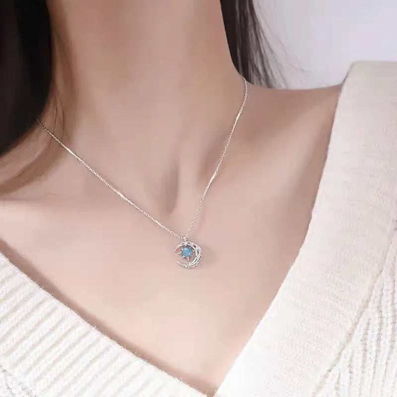 Women's Necklace Star and Moon Pendant silver