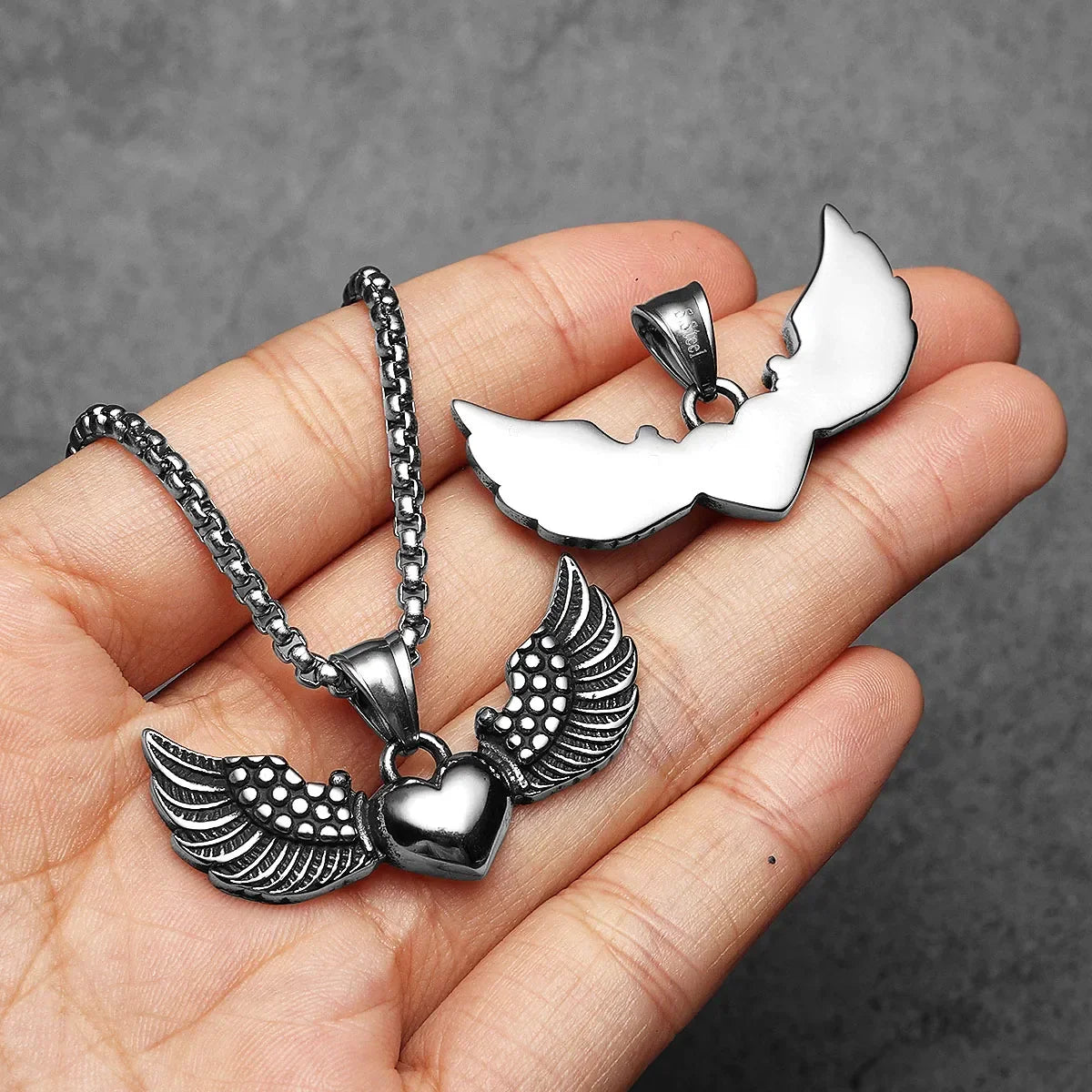 Men's necklace with heart pendant and angel wings