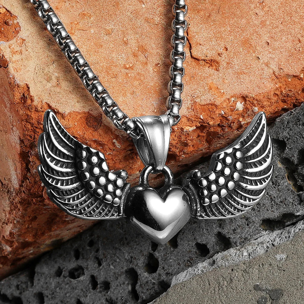 Men's necklace with heart pendant and angel wings