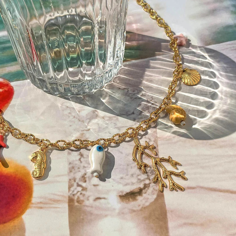 Choker Necklace with Coral and Shell Pendants for Women