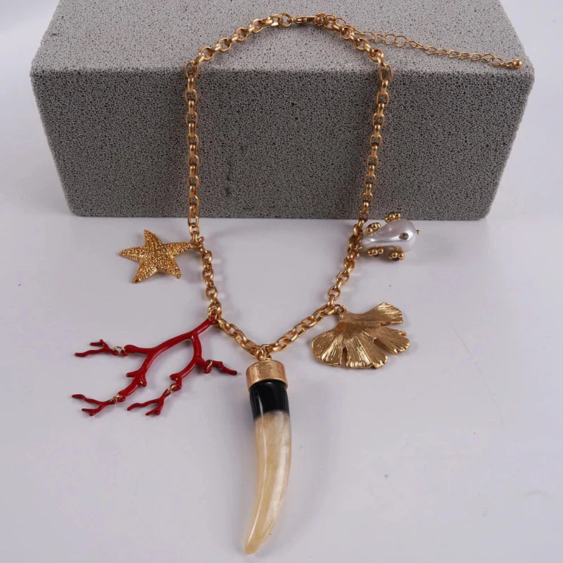 Choker Necklace with Coral and Shell Pendants