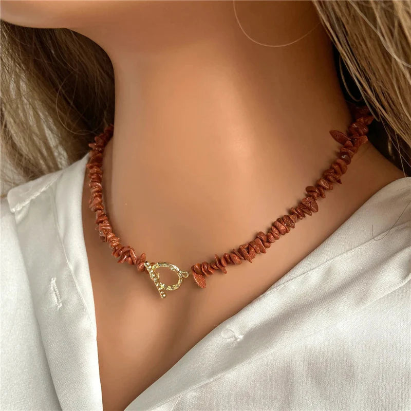Choker Necklace with Natural Stone Coral Pendant