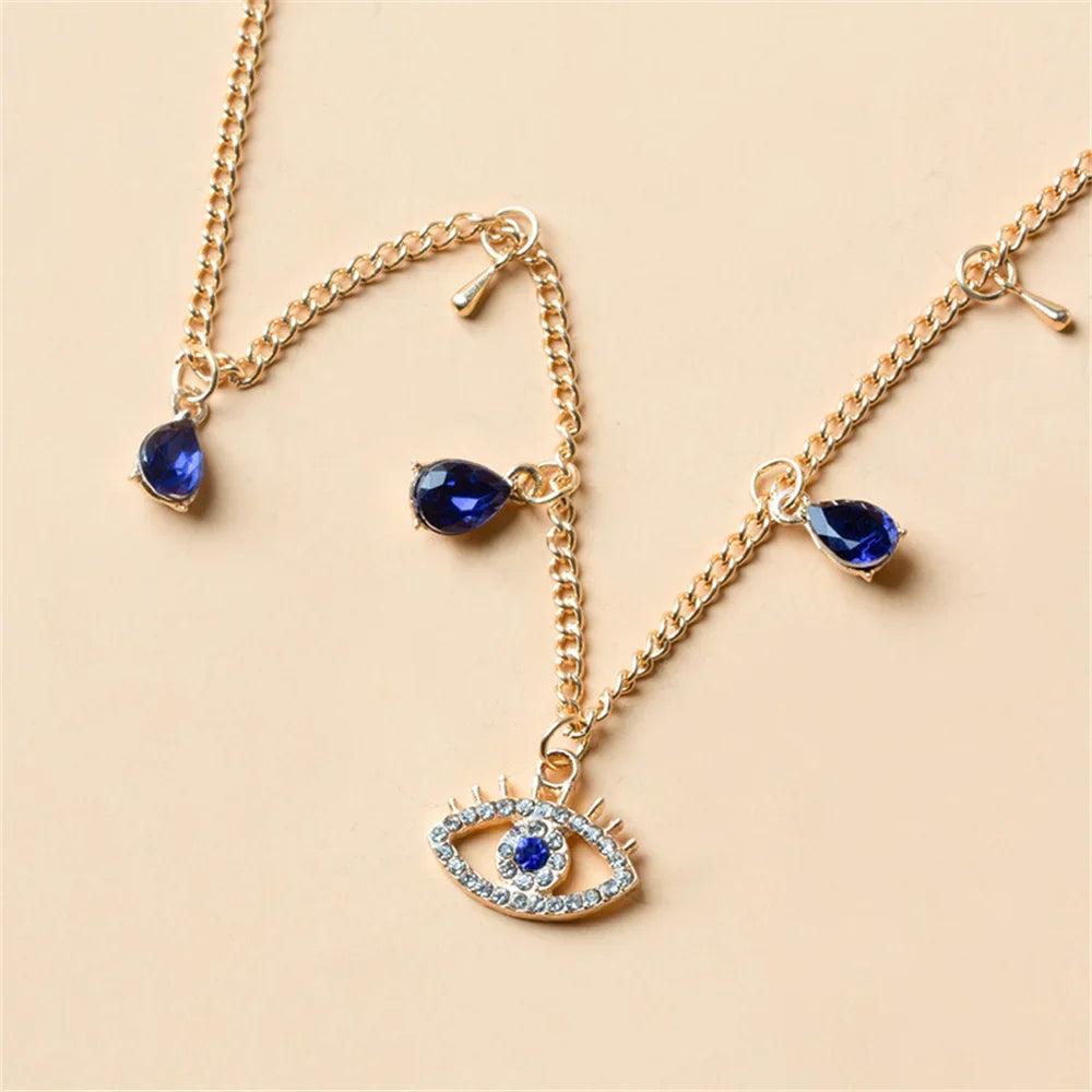 Choker Necklace With Blue Turkish Evil Eye Pendant Rhinestones And Gold Pearls