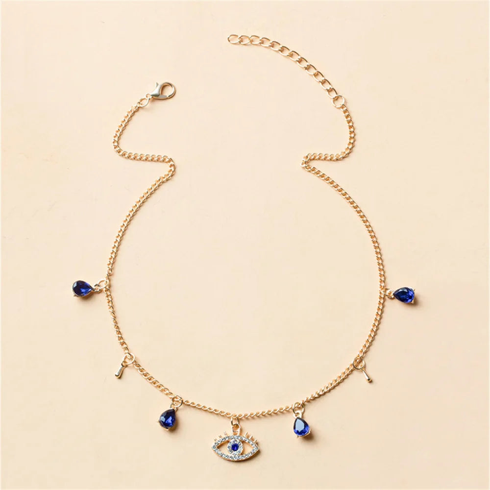 Choker Necklace With Blue Turkish Evil Eye Pendant Rhinestones And Gold Pearls