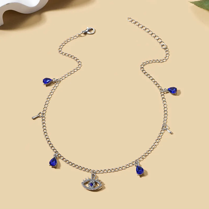 Choker Necklace With Blue Turkish Evil Eye Pendant Rhinestones And Silver Pearls