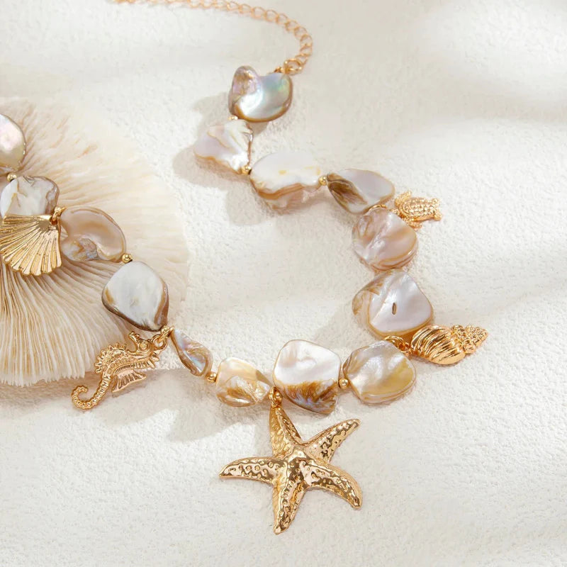 Choker Necklace with Beige Starfish Shell Pendants