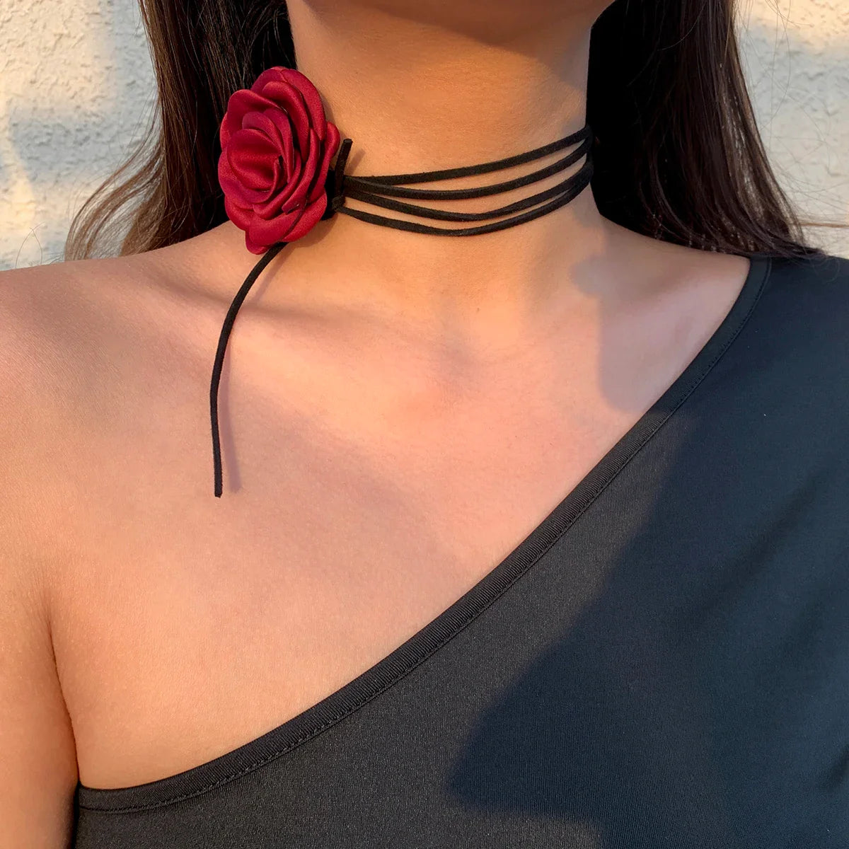Elegant Choker Necklace Pendant Large Red Rose Flower 1