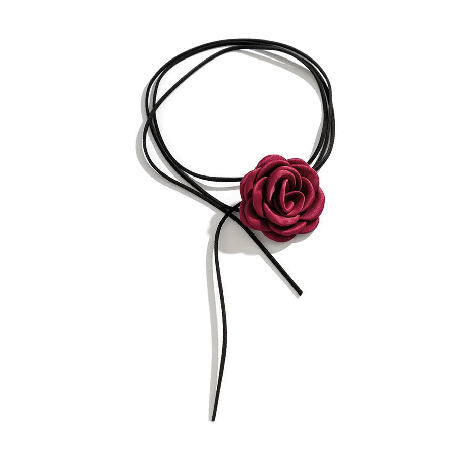Elegant Choker Necklace Pendant Large Bordeaux Rose Flower