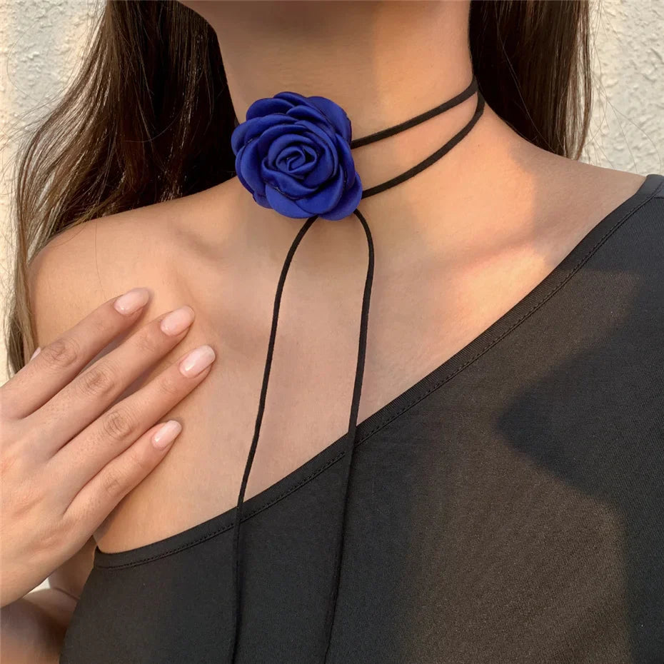 Elegant Choker Necklace Pendant Large Blue Rose Flower 1
