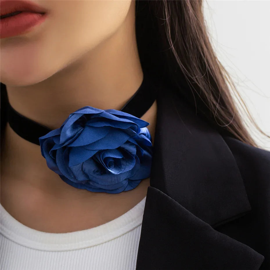 Elegant Choker Necklace Pendant Large Blue Rose Flower 2